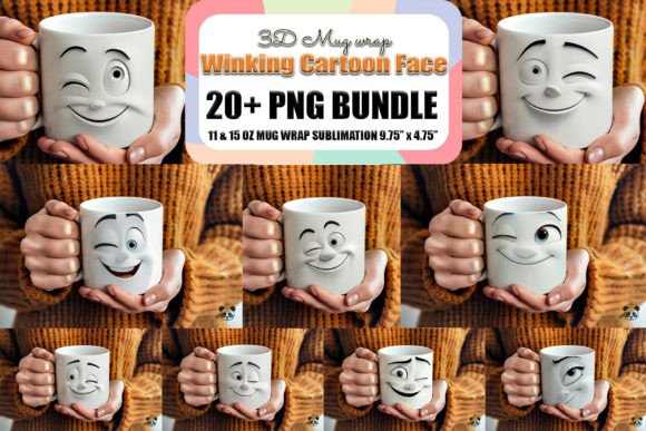 Winking Cartoon Face 3D Mug Wrap Bundle